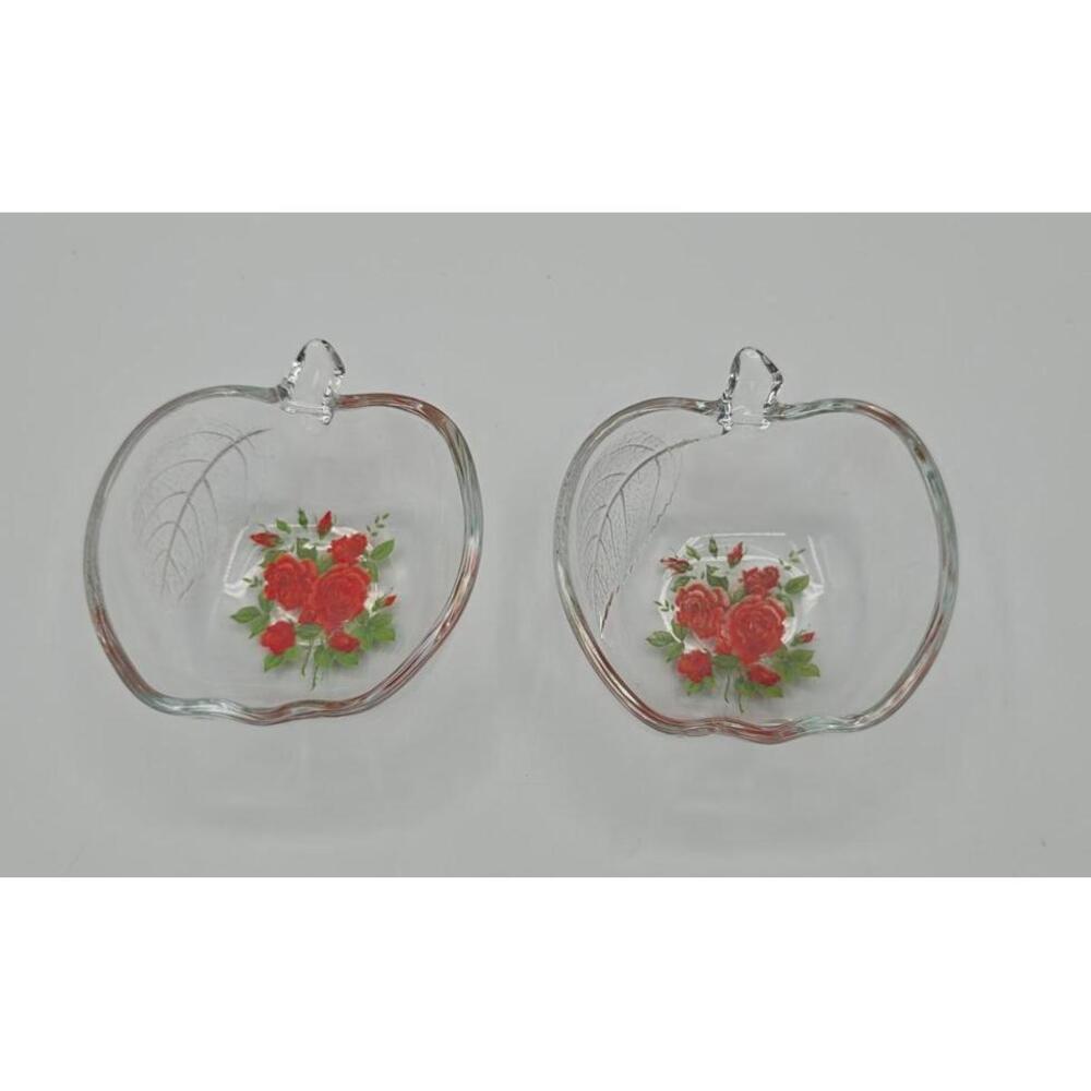 Vintage Apple Shaped Glass Trinket Bowls – Set of 2 Floral Rose Dishes